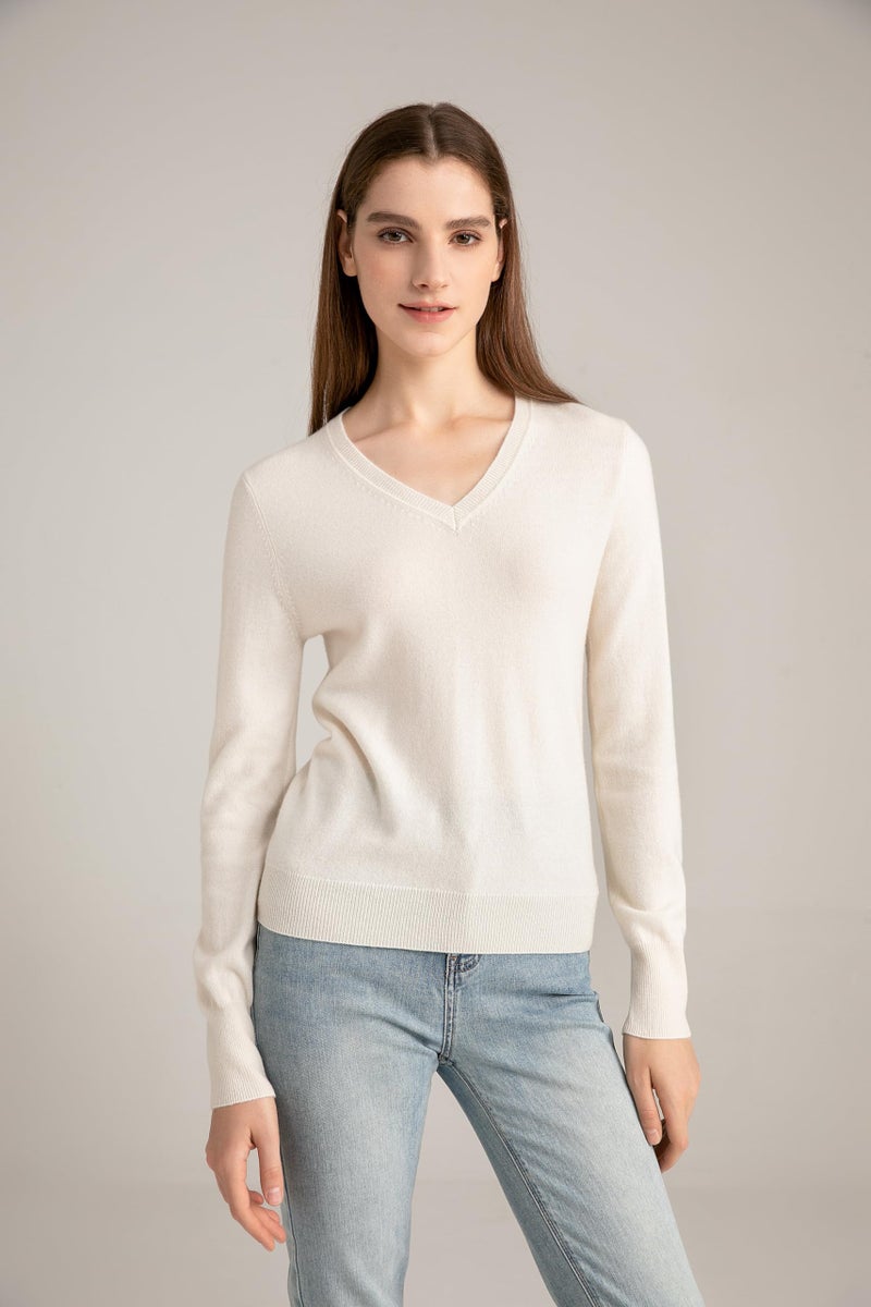 State Cashmere Womenâ€™s Essential V-Neck Sweater 100% Pure Cashmere Classic Long Sleeve Pullover (Undyed White, XX-Large) - Image 2